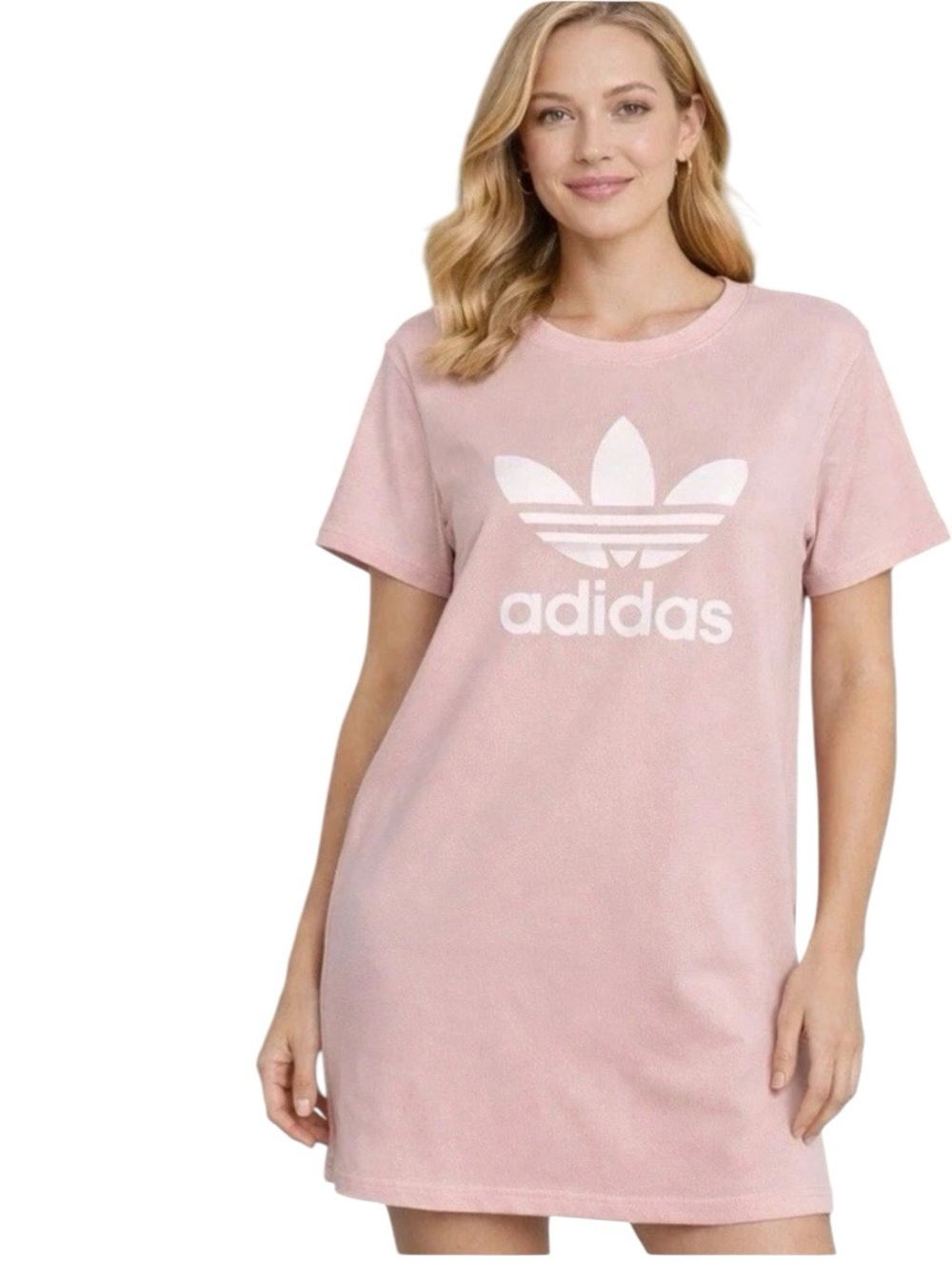 ADIDAS Originals Women’s Short Sleeve T-Shirt Dress Medium Pink White Trefoil